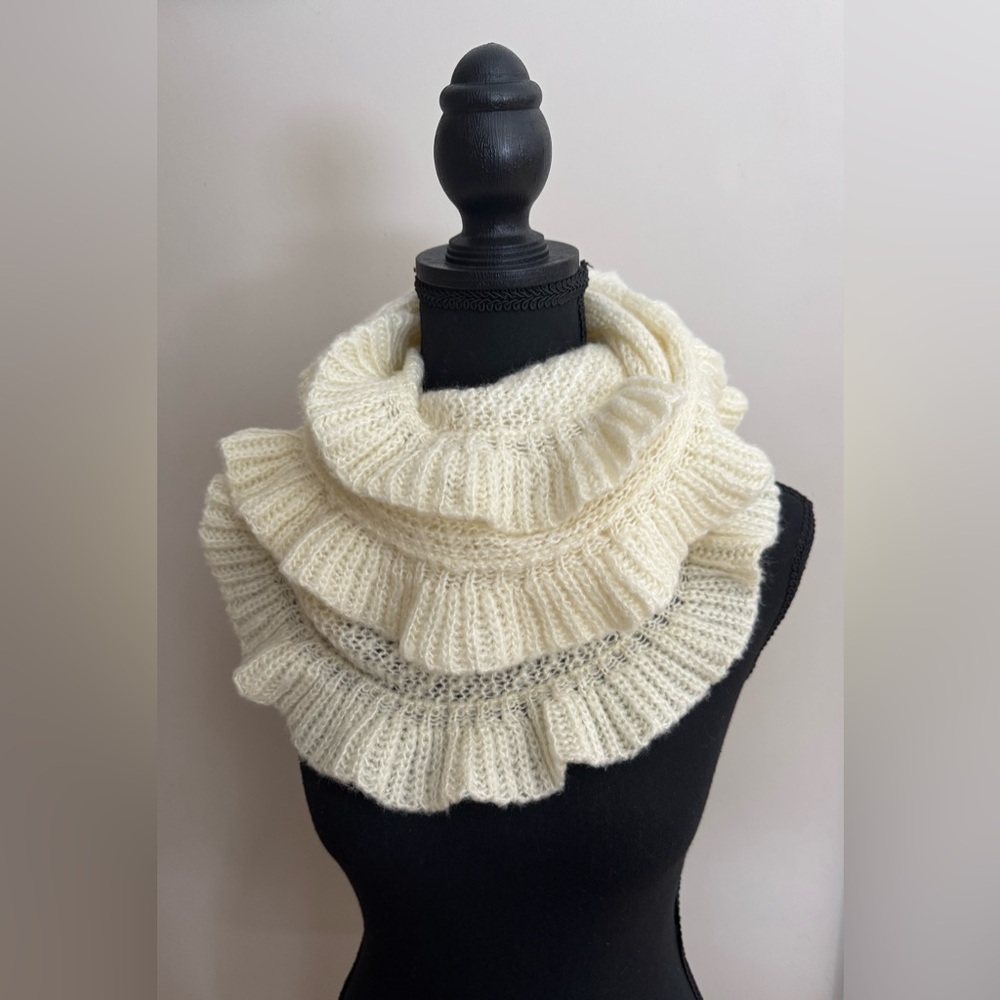 Wooden Ships cream mohair wool blend knit ruffled women’s infinity scarf